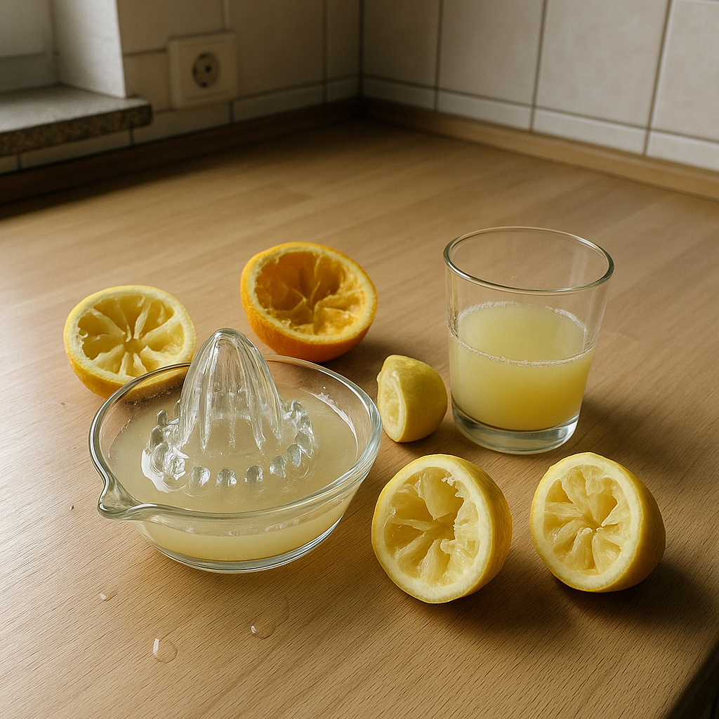 Ausgepresste Zitronen- und Orangenhälften neben einer Glaspresse