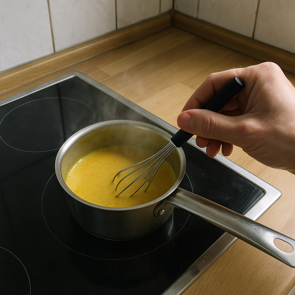 Goldgelbe Gewürzmilch wird in einem kleinen Topf mit einem Schneebesen aufgeschlagen