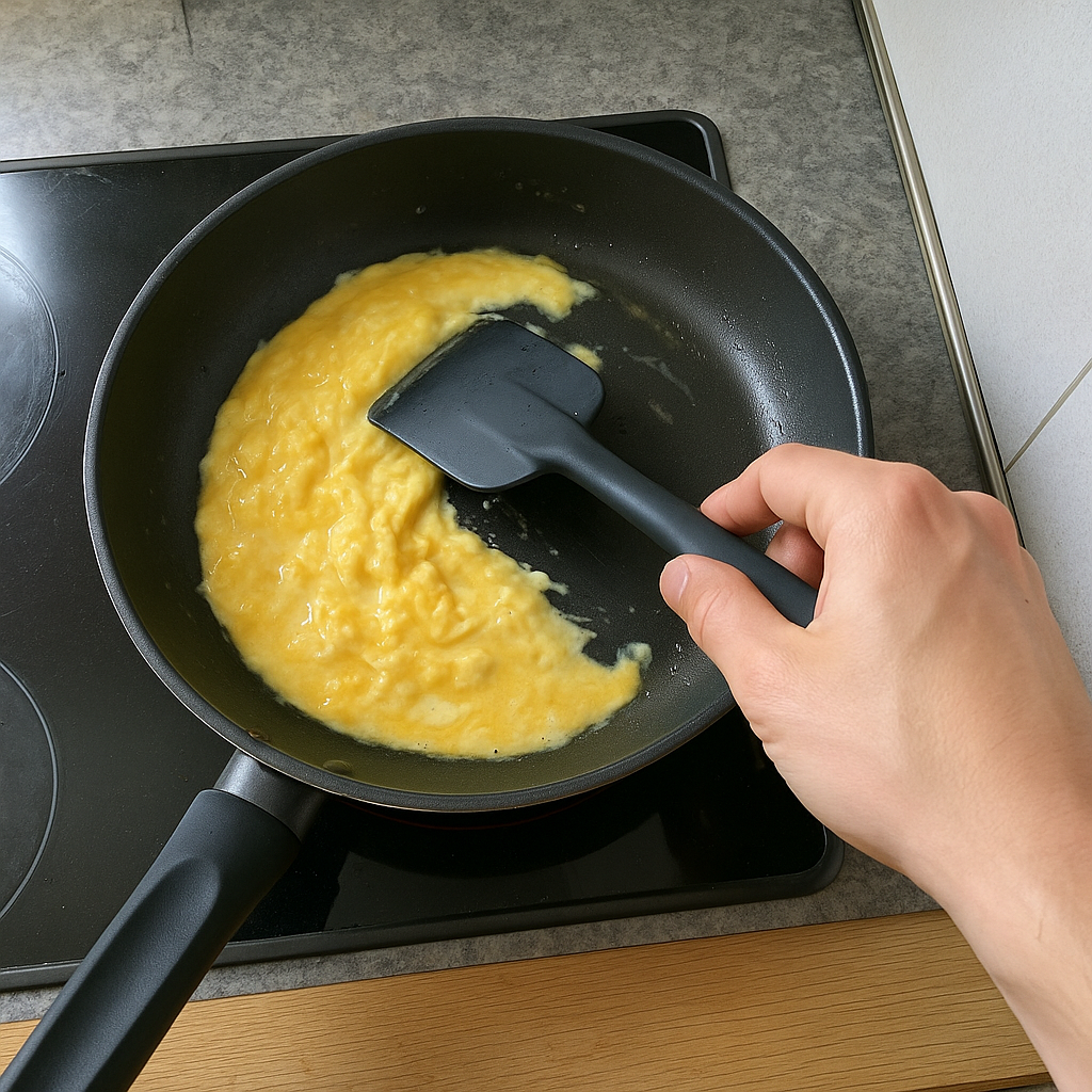 Halb gestocktes Rührei wird mit einem Silikonspatel vom Pfannenrand zur Mitte geschoben