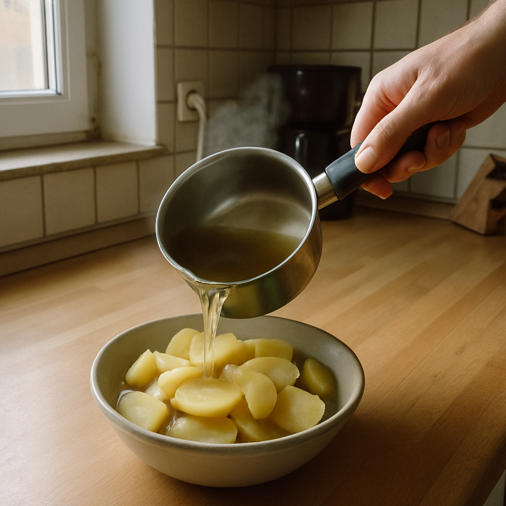 Heiße Brühe wird aus einem Topf über eine Schüssel mit warmen Kartoffelscheiben gegossen