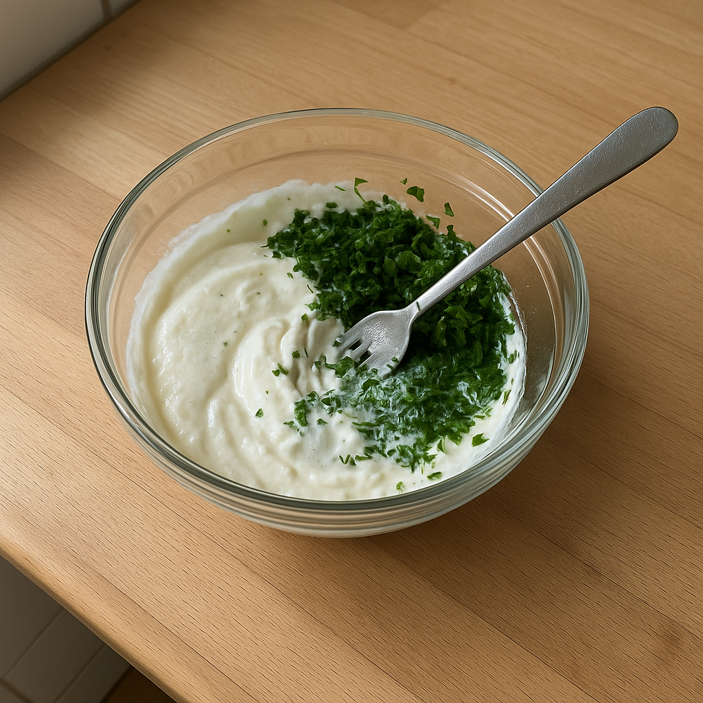 Quark wird mit Mineralwasser und gehackten Kräutern in einer Glasschüssel verrührt