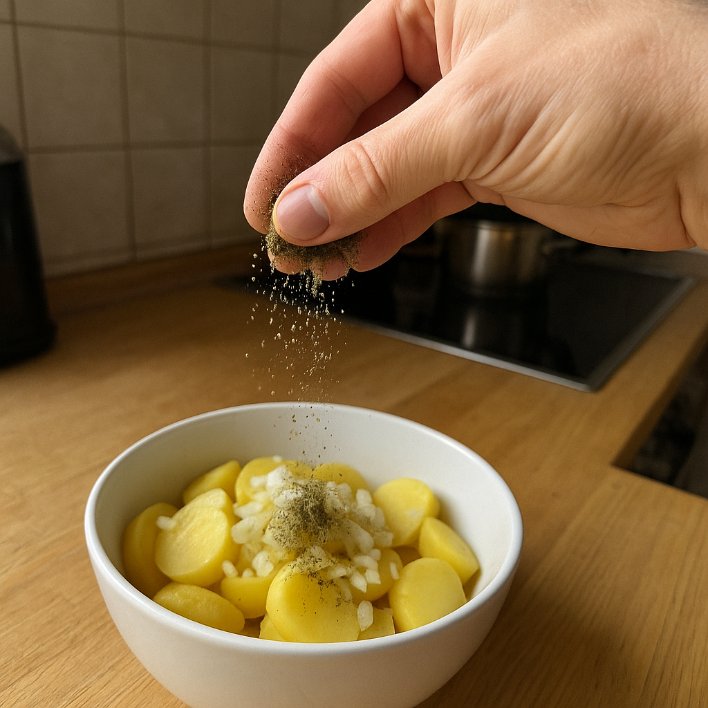 Eine Prise Würzmischung wird über warme Kartoffelscheiben mit Zwiebelwürfeln gestreut