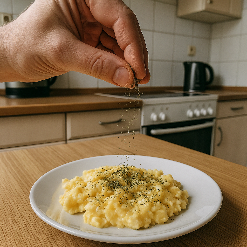 Kräutermischung wird über fertiges cremiges Rührei auf einem Teller gestreut