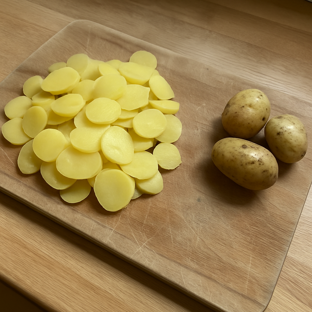 Warme gepellte Kartoffeln in dünne Scheiben geschnitten auf einem Holzbrett
