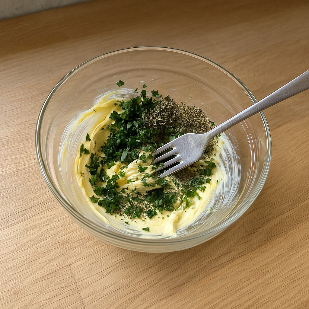 Weiche Butter wird in einer Glasschüssel mit gehackten Kräutern verrührt
